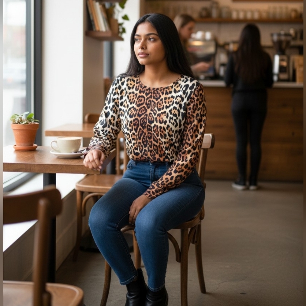 Equipment Femme Silk Leopard Print Pullover Top Medium Chest Pocket